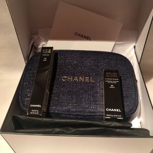 NWT in Box Chanel cosmetic gift set (mascara/lipstick) with denim cosmetics case